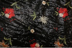 Evening fabric with black sequins and flower embroidery 150cm