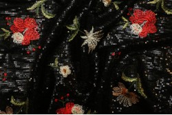 Evening fabric with black sequins and flower embroidery 150cm