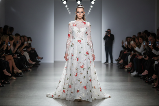 Βραδινό ύφασμα με λευκή παγιέτα και κέντημα άνθη φάρδους 150cm