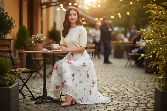 Βραδινό ύφασμα με λευκή παγιέτα και κέντημα άνθη φάρδους 150cm