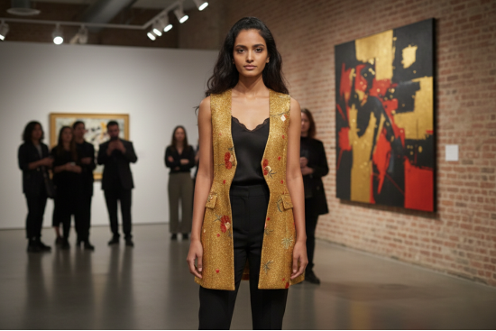 Βραδινό ύφασμα με χρυσή παγιέτα και κέντημα άνθη φάρδους 150cm 