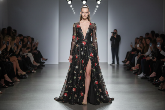 Βραδινό ύφασμα με μαύρη παγιέτα και κέντημα άνθη φάρδους 150cm 