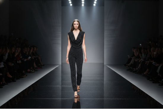 Βραδινό ύφασμα ελαστικό ζέρσεϋ μαύρο με ασημί γκλίτερ και φάρδος 150cm