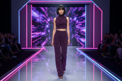 Βραδινό ύφασμα μαύρο ελαστικό ζέρσεϋ με μοβ γκλίτερ και φάρδος 150cm