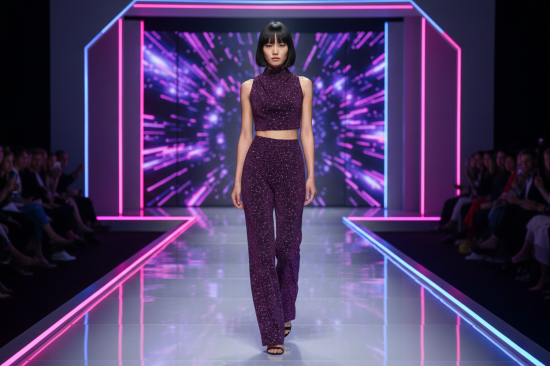 Βραδινό ύφασμα μαύρο ελαστικό ζέρσεϋ με μοβ γκλίτερ και φάρδος 150cm