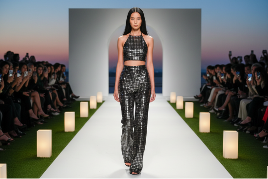 Βραδινό ύφασμα ελαστικό με παγιέτες ασημί οριζόντιες και φάρδος 150cm