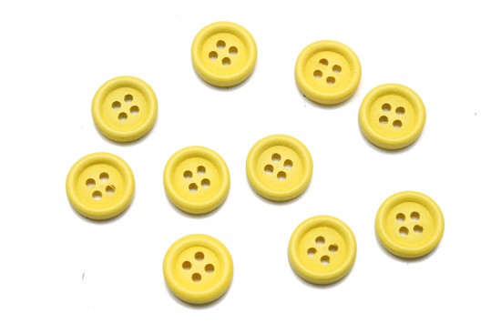 Wooden beads in the shape of a button and yellow color