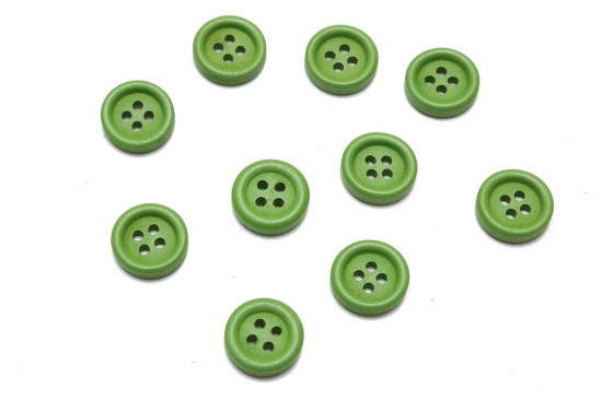 Wooden beads in the shape of a button and green color