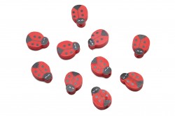 Wooden beads in the shape of a ladybug in black and red