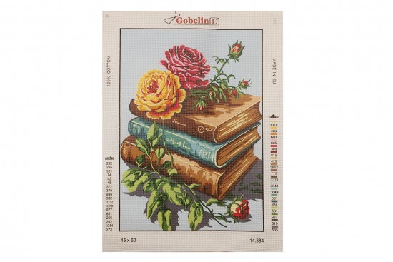 Κέντημα κάδρο 45X60cm άνθη - Τριαντάφυλλα και βιβλία