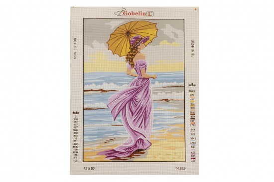 Κέντημα κάδρο 60X45cm Κοπέλα με Ομπρέλα στην Παραλία