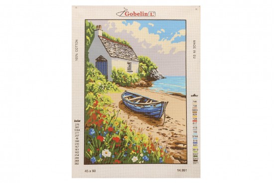 Κέντημα κάδρο 60X45cm Τοπίο καλοκαιρινό με βάρκα και θάλασσα